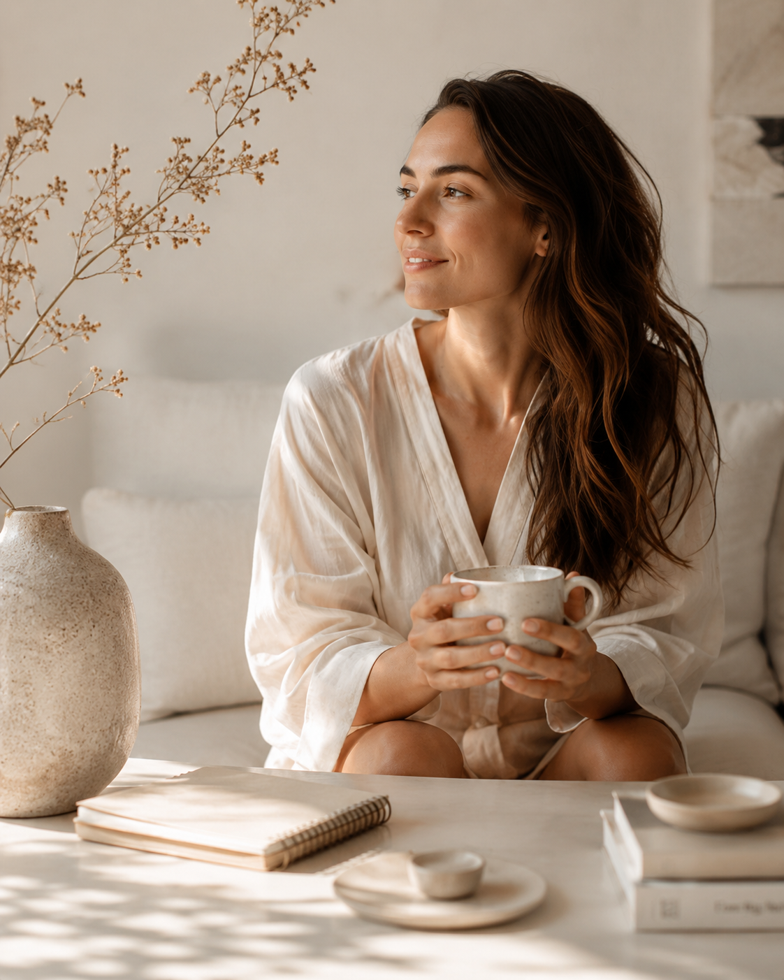 Woman holding a mug in a calm living room